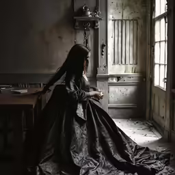 a woman in a gown sitting down on a wooden table