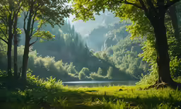 some trees are by the edge of a lake and a mountain