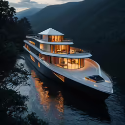 a luxury yacht with white windows floating on the water