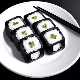 four small pieces of sushi on a white plate with chop sticks