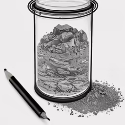 a jar full of seaweed with a pencil nearby