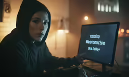 a woman in a hoodie is looking at a computer screen