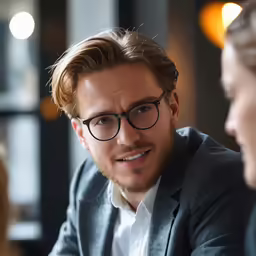 a man with glasses in front of another person talking to each other