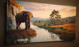 a painting of an elephant in front of some mountains and water