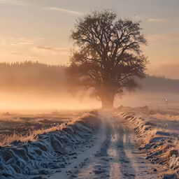 a dirt road that leads to the lone tree