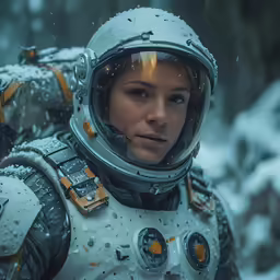 a woman in astronaut clothing with snow all over her
