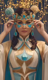 a woman in a blue mask and costume