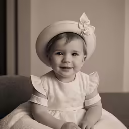 a baby girl is sitting on a couch
