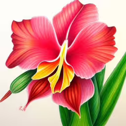 a colorful painting of a red flower on white paper,the painting is done of red flowers