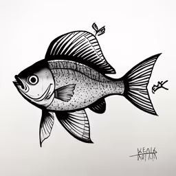a drawing of a fish and some small pieces of food