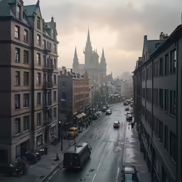 a busy street with some big buildings on the sides