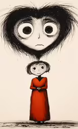 the surreal drawing is a boy with his eyes wide open to a woman