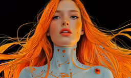 a woman with orange hair, posing in front of a black background