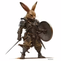 a rabbit with armor and a sword stands in front of a white background