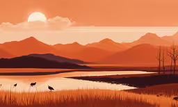 a scene from a painting of birds in a marsh,this is an image of a bird and mountains