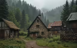 the small village houses are located in the woods