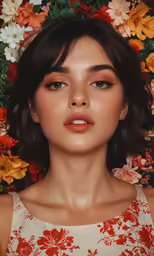 a model with flowered background, is looking off to the side