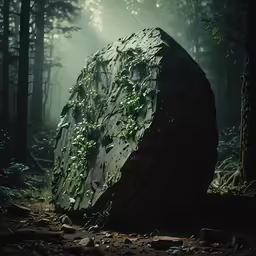 a large rock covered in ivy growing on the woods