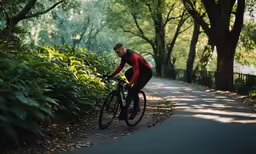 a cyclist is riding down a road in the city