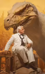 an old man in a suit sitting next to a large dinosaur