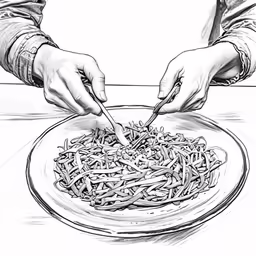 a person cutting something into some noodles on a plate