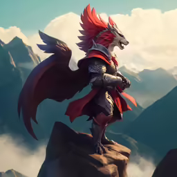 the artwork shows a man standing on top of a rock with wings outstretched, and wearing a