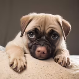 the small puppy is lying down on the pillow