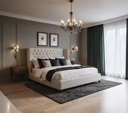 this bedroom has an elegant bed and a chandelier