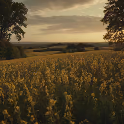 field with yellow flowers during sunset on a hill