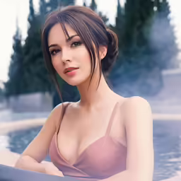 a woman with a shaved back is sitting in the pool