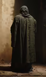 man in green coat walking into room with light