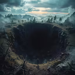 there is an image of a man standing in a deep hole