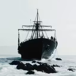 an old boat is anchored near the rocks in the water