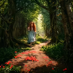 the girl in the dress is walking down the path