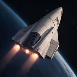 a space shuttle is flying through the night sky