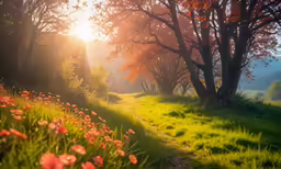 an abstract image of an open grassy field at sunset