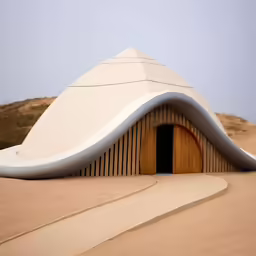 there is a futuristic building on a desert