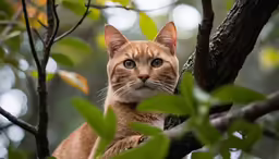the orange cat is sitting on the tree branch