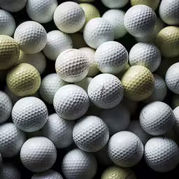 many white golf balls are stacked up together,closeup of several balls, a one for all