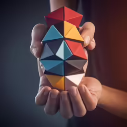 a person holding a set of colorful origami shapes