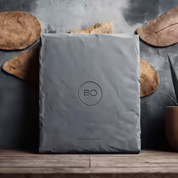 a square ceramic container with the bc logo in front of it, on a wooden table with two plants