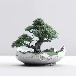 a bonsai tree sits in a ceramic bowl