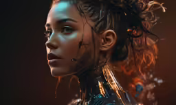 a futuristic female with a head chain and wire in her hair