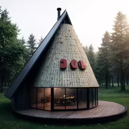 a triangular shaped house with a sign that reads 100