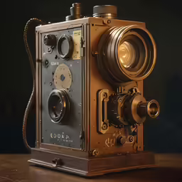a golden camera with a cord attached to it