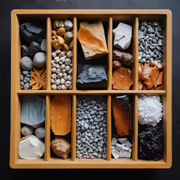 an assortment of stones in an orange case