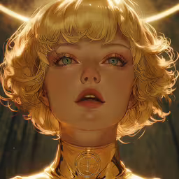 a woman wearing a necklace has blue eyes,a blonde haired girl with a golden head chain