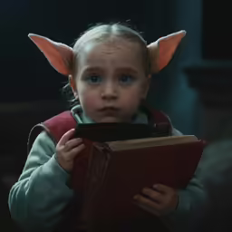 little girl holding a book with ears looking to her side