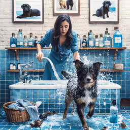 the woman is holding a hose to water the dog