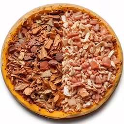 two pizza slices filled with different types of toppings